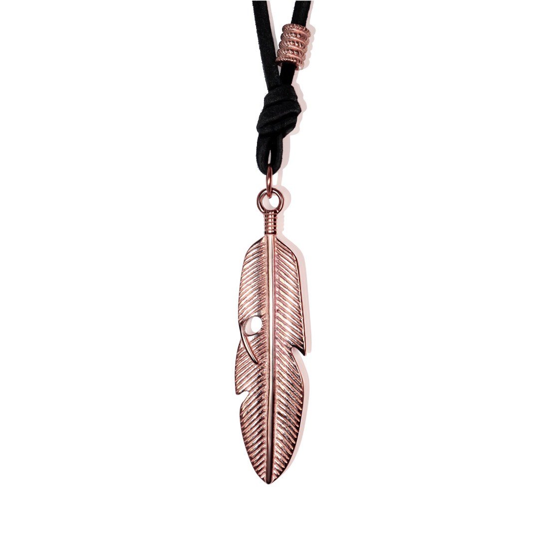 Our Men’s Feather Necklace in Rose Gold has been Crafted with our Signature Feather Pendant and an Adjustable Leather Necklace.